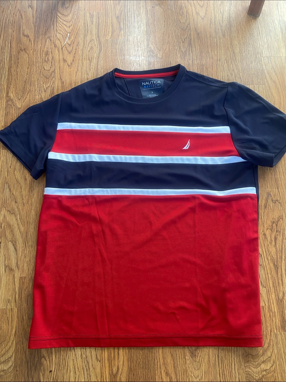Nautica Men’s Red, Navy & White Striped Crew Neck Tee